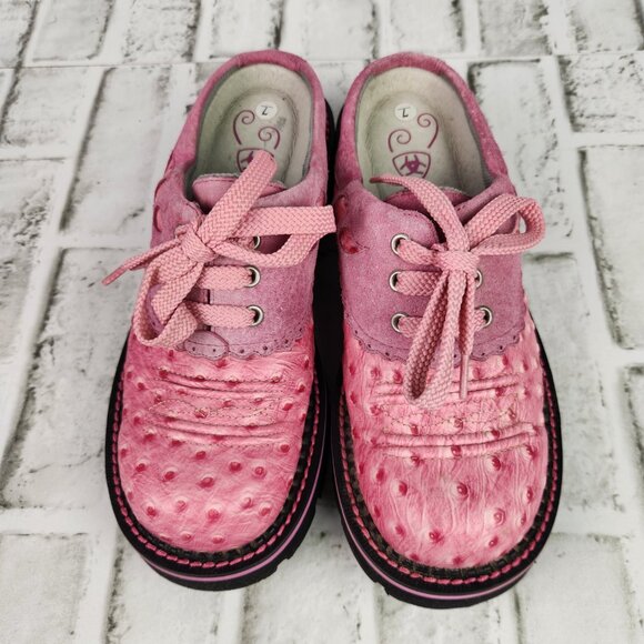 Ariat Fatbaby Platform Women's Sz 7 B Pink Suede Ostrich Print Y2K Chunky Clogs - Picture 9 of 10